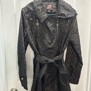 Anne Klein Leopard Print Trench Rain removable hood  Coat L
